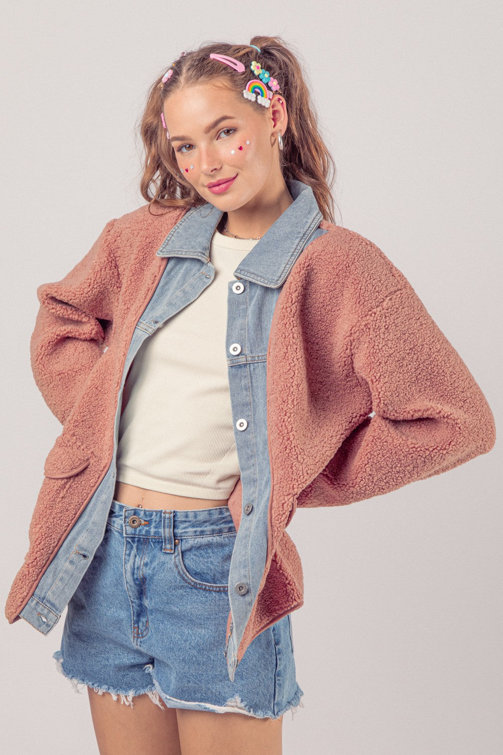 Make Me Blush Fleece and Denim Contrast Jacket